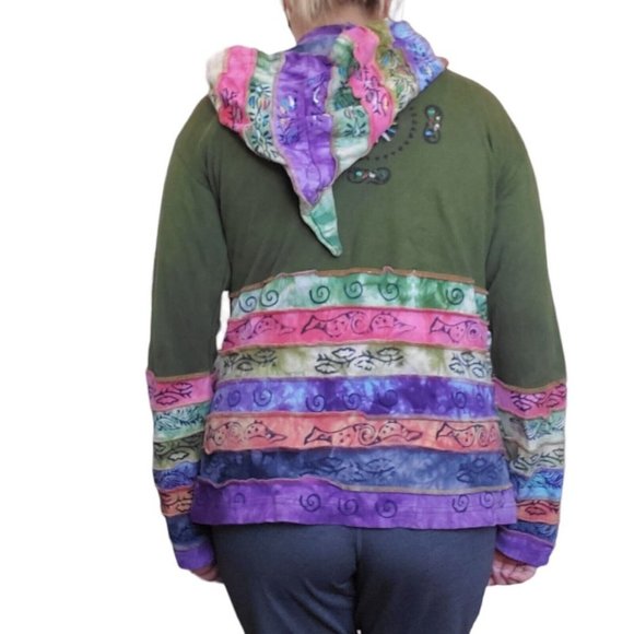 90s Boho Hippie Zipup Jacket Hooded Patchwork Green Handpainted Sun Large - Picture 5 of 15